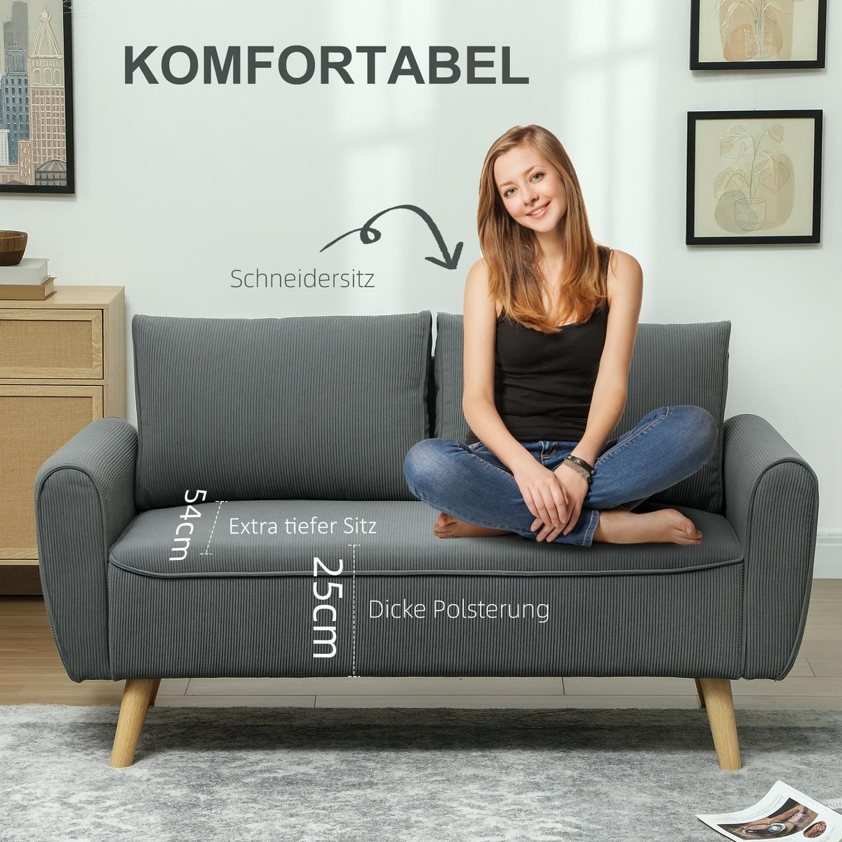 ZWEISITZER Sofa mit 2 Kissen Polstersofa mit 54cm extra tiefen Sitzen Dunkelgrau - Dunkelgrau/Eukalyptusholzfarben, Holz/Textil (75/78/145cm) - HOMCOM