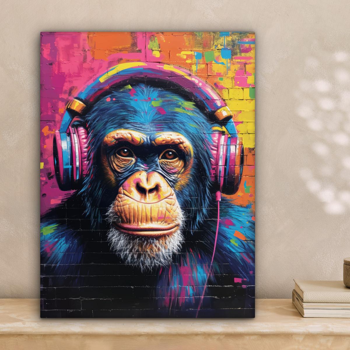 LEINWANDBILD Graffiti - Schimpanse - Straßenkunst - Kopfhörer - Affe Room Decor 30x40 cm - Blau, Textil (30/40cm) - MuchoWow