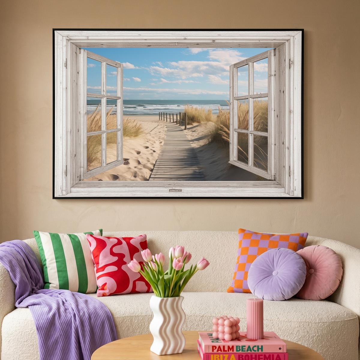 LEINWAND Bilder mit Rahmen - Fenster - Meer - Küste - Natur - Ausblick - Strand - Wattenmeer - 120x80 - Beige, Textil (120/80cm) - MuchoWow