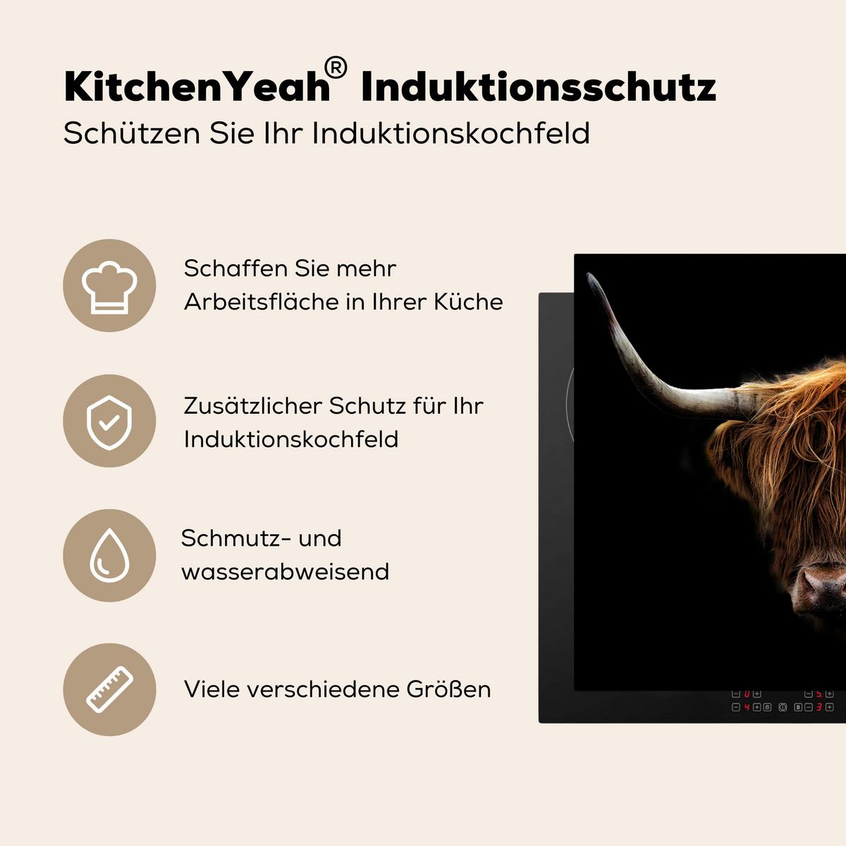 HERDABDECKPLATTE Schottischer Highlander - Hörner - Schwarz - Tiere - Natur - Wild - Kuh Herdabdeckung Induktionsfeld 75x52 cm - Cognac, Kunststoff (75/52/0.2cm) - MuchoWow