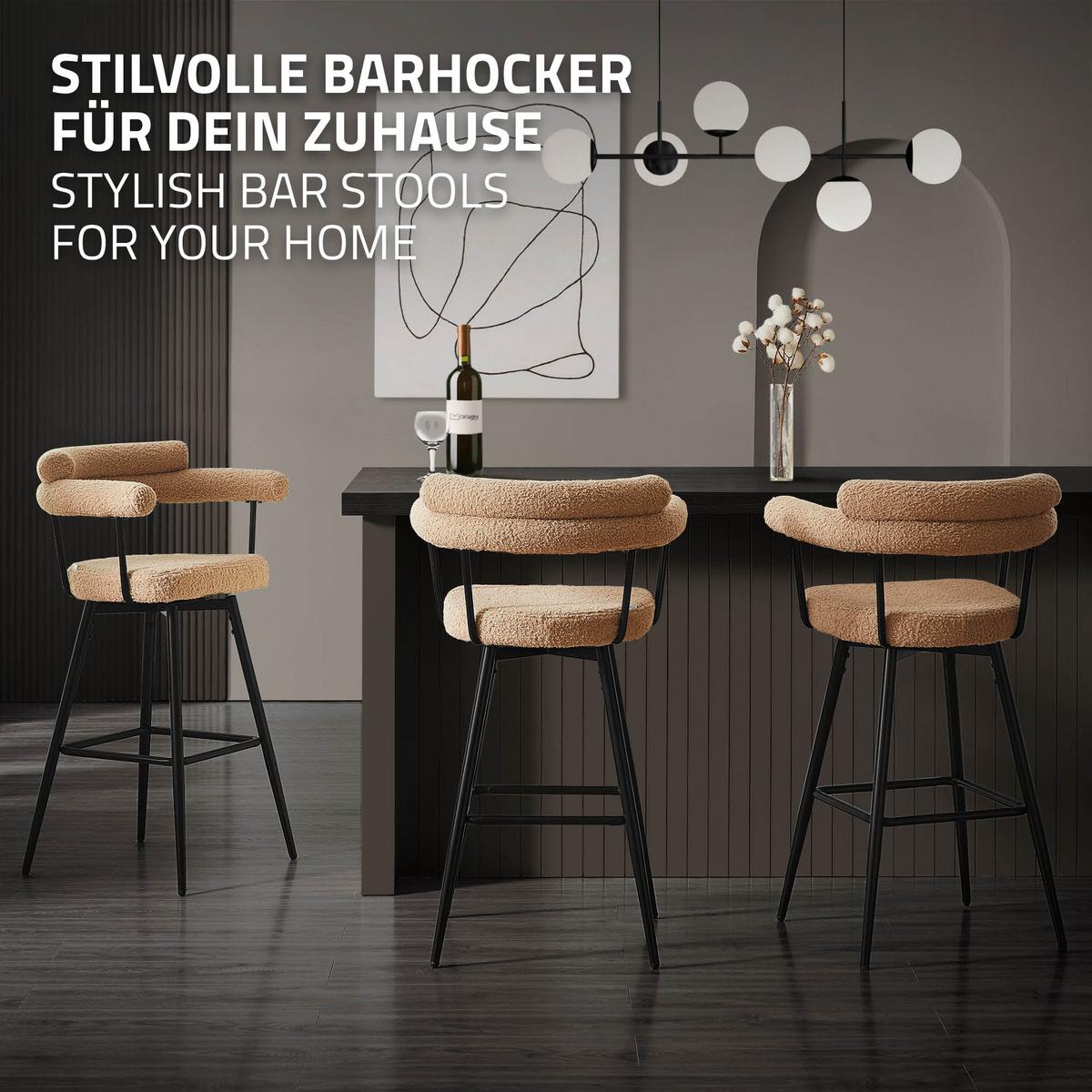 BARHOCKER 2er Set drehbar Braun mit Teddy-Stoff 76 cm hoch - Schwarz/Braun, Textil/Metall (61/103/55cm) - ML-DESIGN