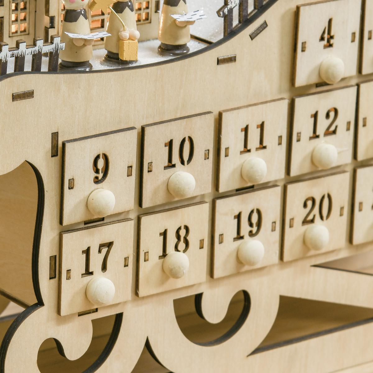 ADVENTSKALENDER Weihnachtskalender 24 Schubladen mit LED Schlitten-From - Naturfarben, Holz (10/31/45cm) - HOMCOM