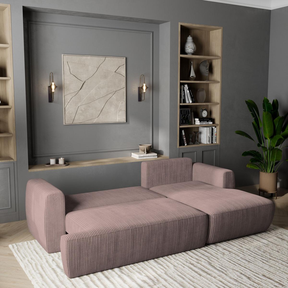 ECKSOFA SENTI P R-S Lila Kordstoff mit Schlaffunktion - Lila/Schwarz, Holz/Kunststoff (246/148cm) - MASSENO