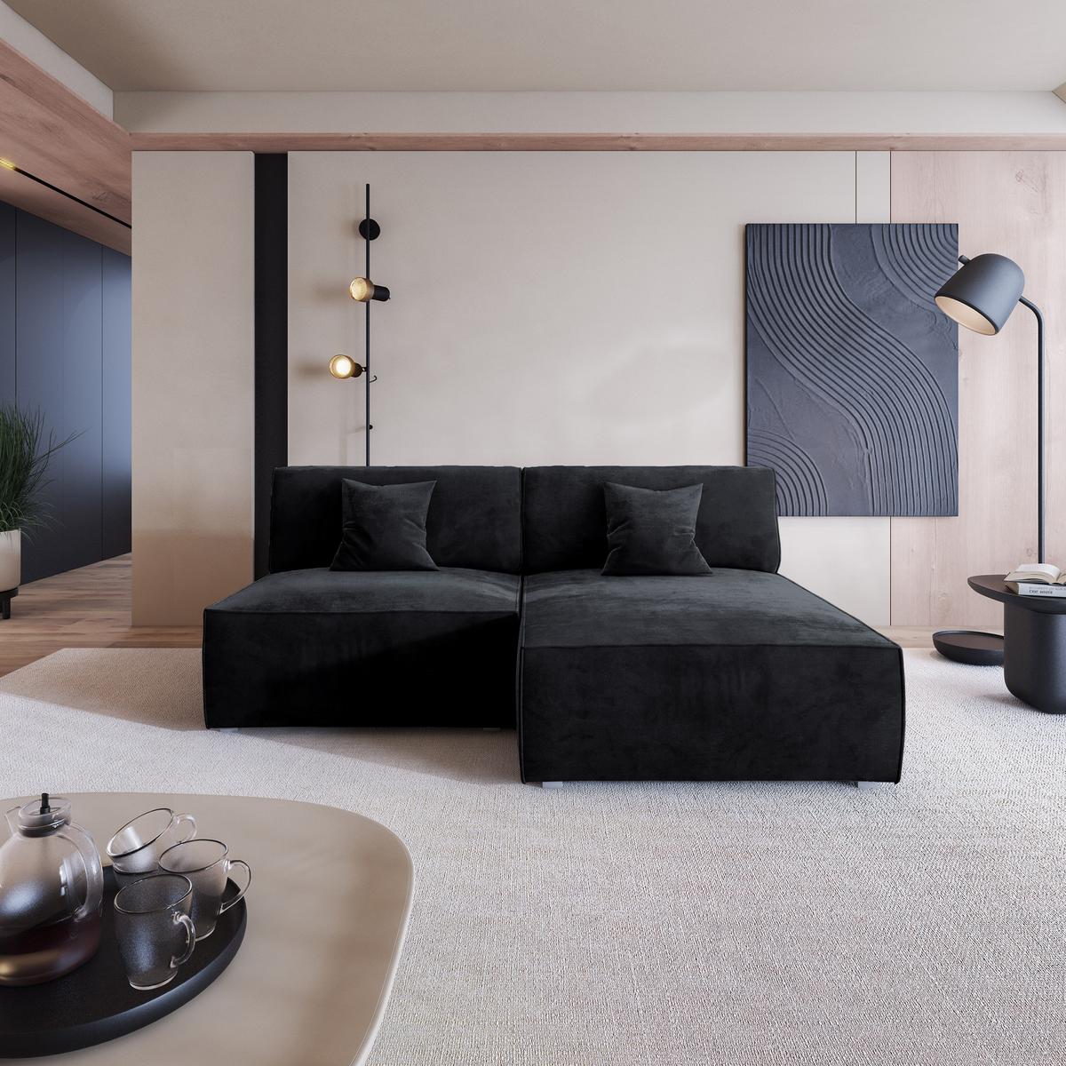 ECKSOFA FIORO M Schwarz Velours-Stoff mit Schlaffunktion - Schwarz/Grau, Holz/Kunststoff (204/148cm) - MASSENO