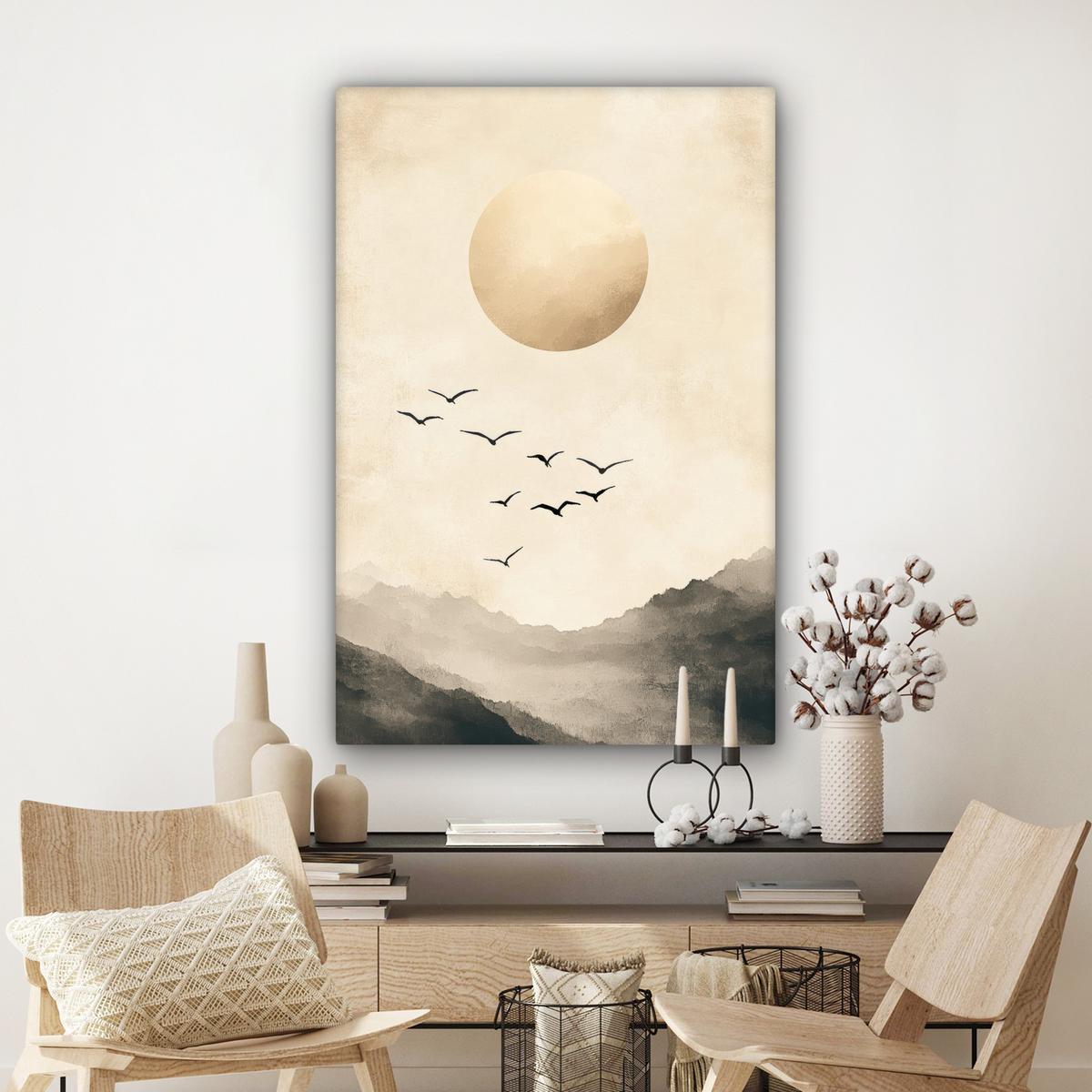 LEINWANDBILD Landschaft - Japandi - Vogel Deko XXL 80x120 cm - Beige, Textil (80/120cm) - MuchoWow