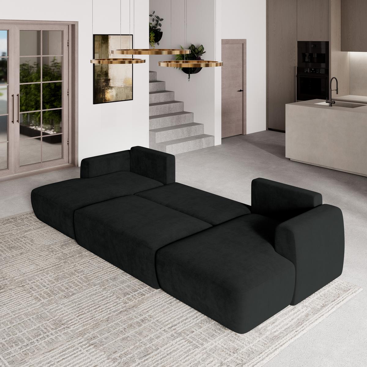 WOHNLANDSCHAFT SENTUM K Schwarz Plüsch-Stoff mit Schlaffunktion - Schwarz, Holz/Kunststoff (330/90/148cm) - MASSENO