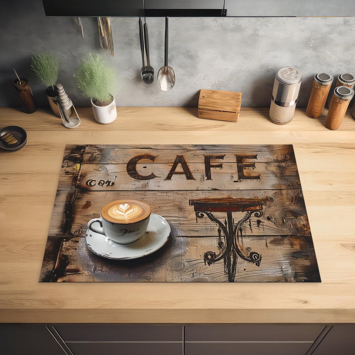 HERDABDECKPLATTE Cafe - Holz - Kaffee - Regale Herdabdeckung Induktionsfeld 75x52 cm - Schwarz, Kunststoff (75/52/0.2cm) - MuchoWow