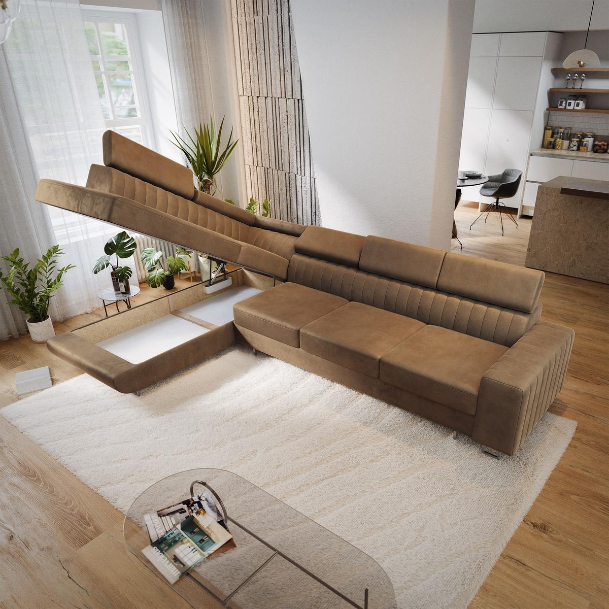 ECKSOFA HESTION Beige Velours-Stoff mit Schlaffunktion - Beige, Holz (332/190cm) - MASSENO
