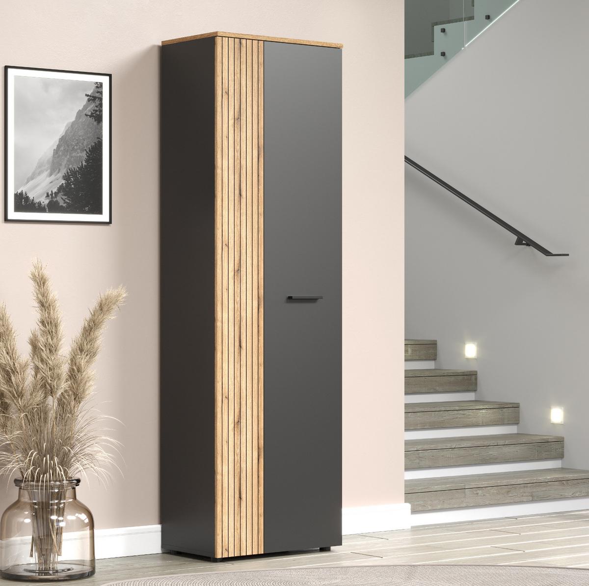GARDEROBENSCHRANK grau, Evoke Eiche 60 x 195 cm, Garderobe oder großer Schuhschrank - Eichefarben/Anthrazit, Holzwerkstoff/Kunststoff (60/195/36cm) - Top.Furn