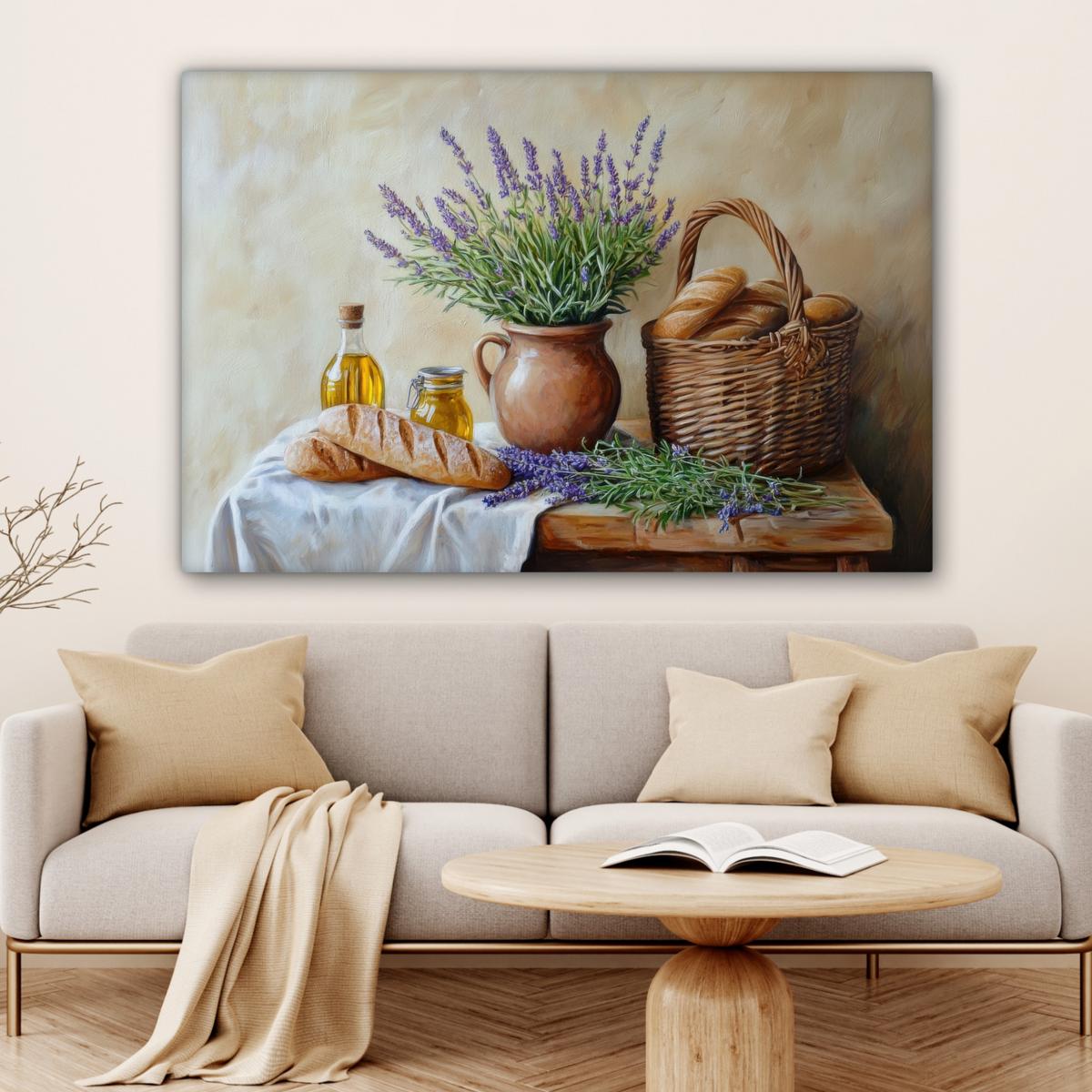 LEINWANDBILD Lavendel - Brot - Stilleben Groß 140x90 cm - Flieder, Textil (140/90cm) - MuchoWow