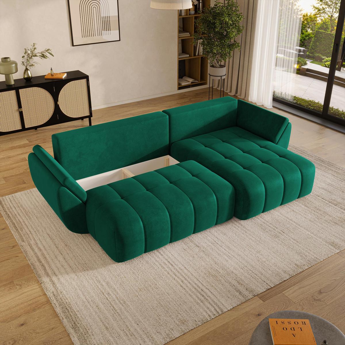 ECKSOFA OLSI Grün Velours-Stoff mit Schlaffunktion - Grün, Holz (285/148cm) - MASSENO