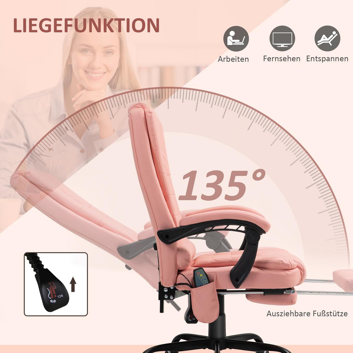 CHEFSESSEL mit 7 Punkt Massage, ergonomischer Gaming Sessel mit Liegefunktion - Schwarz/Rosa, Kunststoff/Metall (67/121/79cm) - Vinsetto