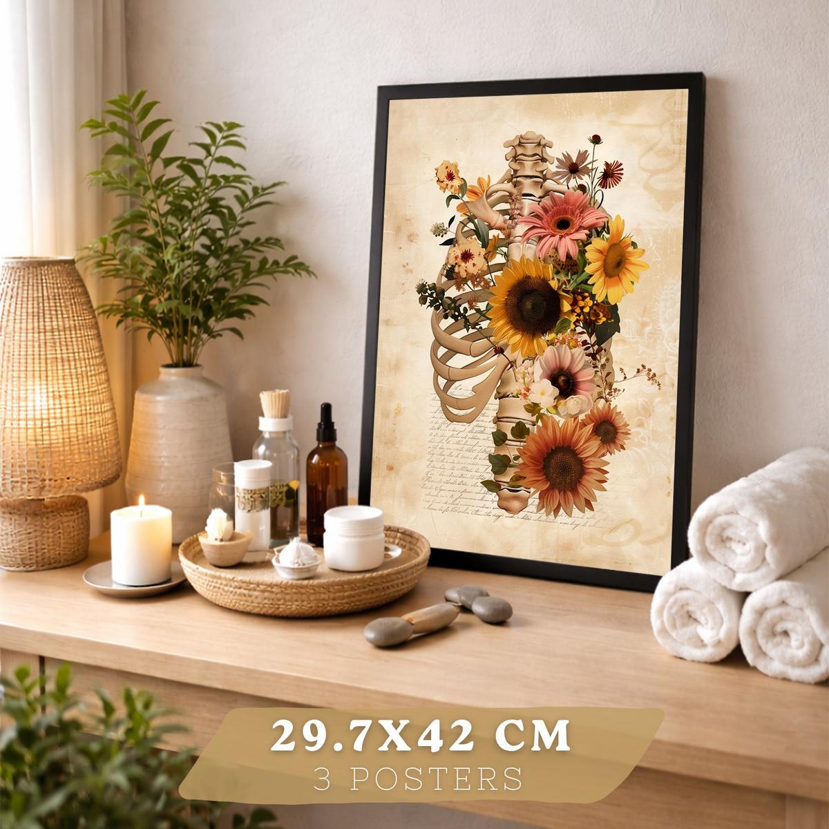 POSTER Set aus 3 Anatomie Mensch Florale Drucke und Wandbilder mit Lungen Brustkorb und Gehirn Botanischer Antiker Stil Größe Schwarzer Rahmen A3 - Schwarz, Papier (29.7/42/3cm) - Nacnic