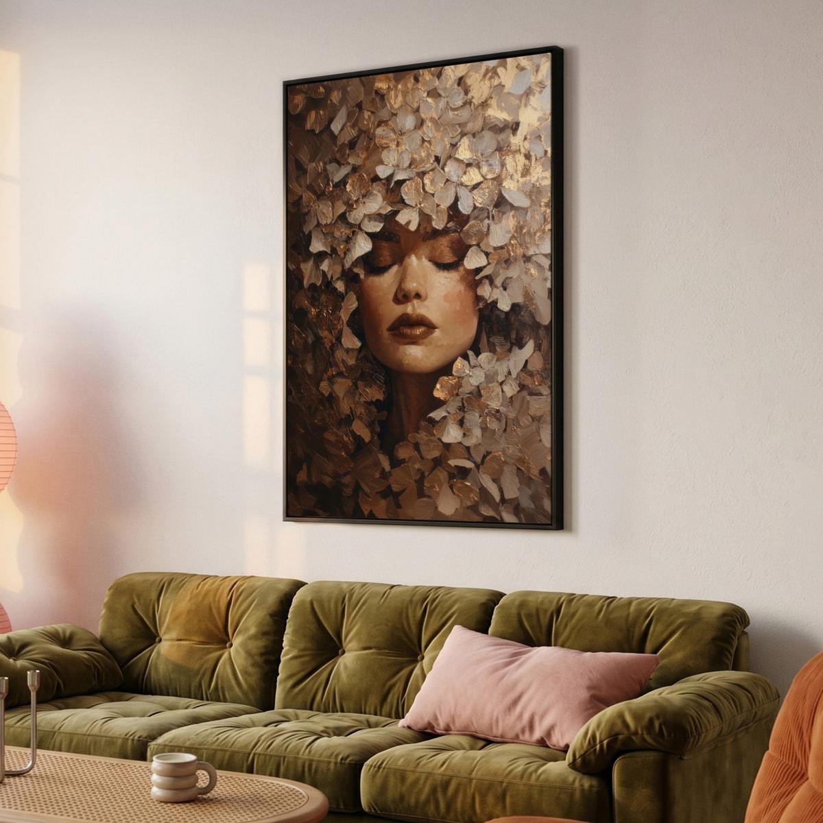 LEINWAND Bilder mit Rahmen - Gesicht - Dame - Blätter - Pinselstriche - 80x120 - Goldfarben, Textil (80/120cm) - MuchoWow