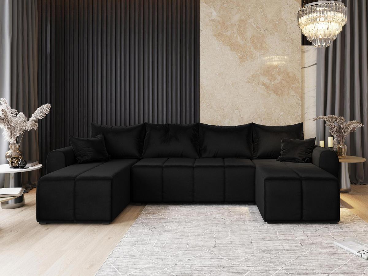 WOHNLANDSCHAFT MADISON U Schwarz Plüsch-Stoff mit Schlaffunktion - Schwarz, Holz/Kunststoff (311/82/145cm) - MASSENO
