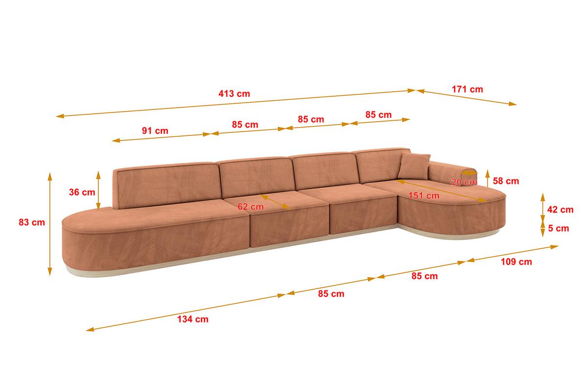 ECKSOFA Ottomane Rechts MARI-L3-v1 - 413x171x83 cm Orange Velours - Orange, Holzwerkstoff/Textil (171/413cm) - ALTDECOR