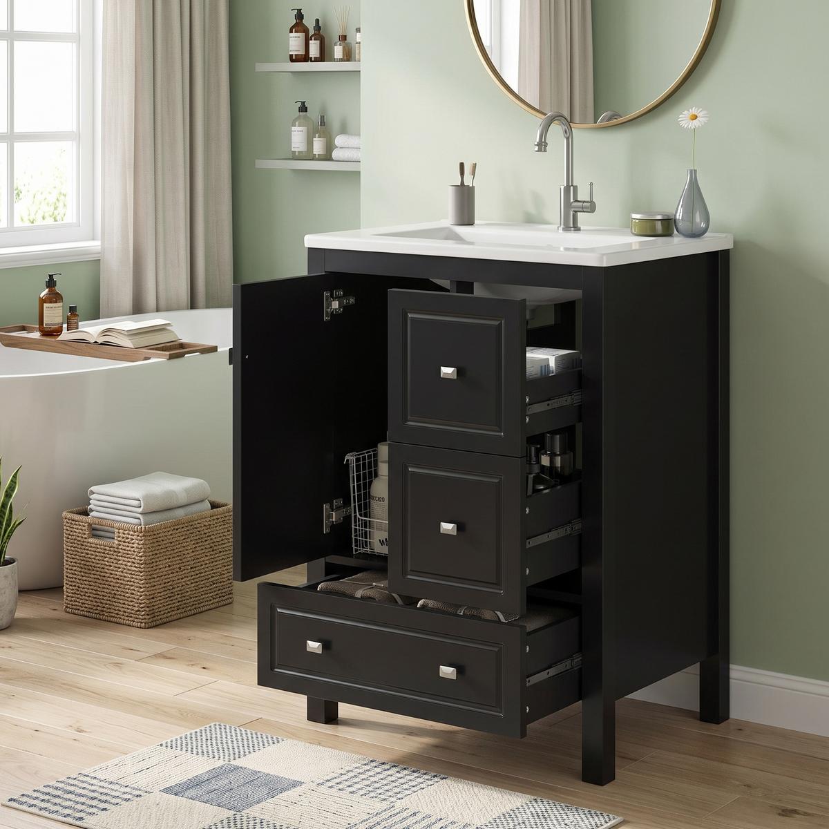 WASCHTISCH Freistehend mit Keramikbecken & 3 Schubladen 62cm - Schwarz, Holzwerkstoff (62/90/47cm) - Urban Meuble
