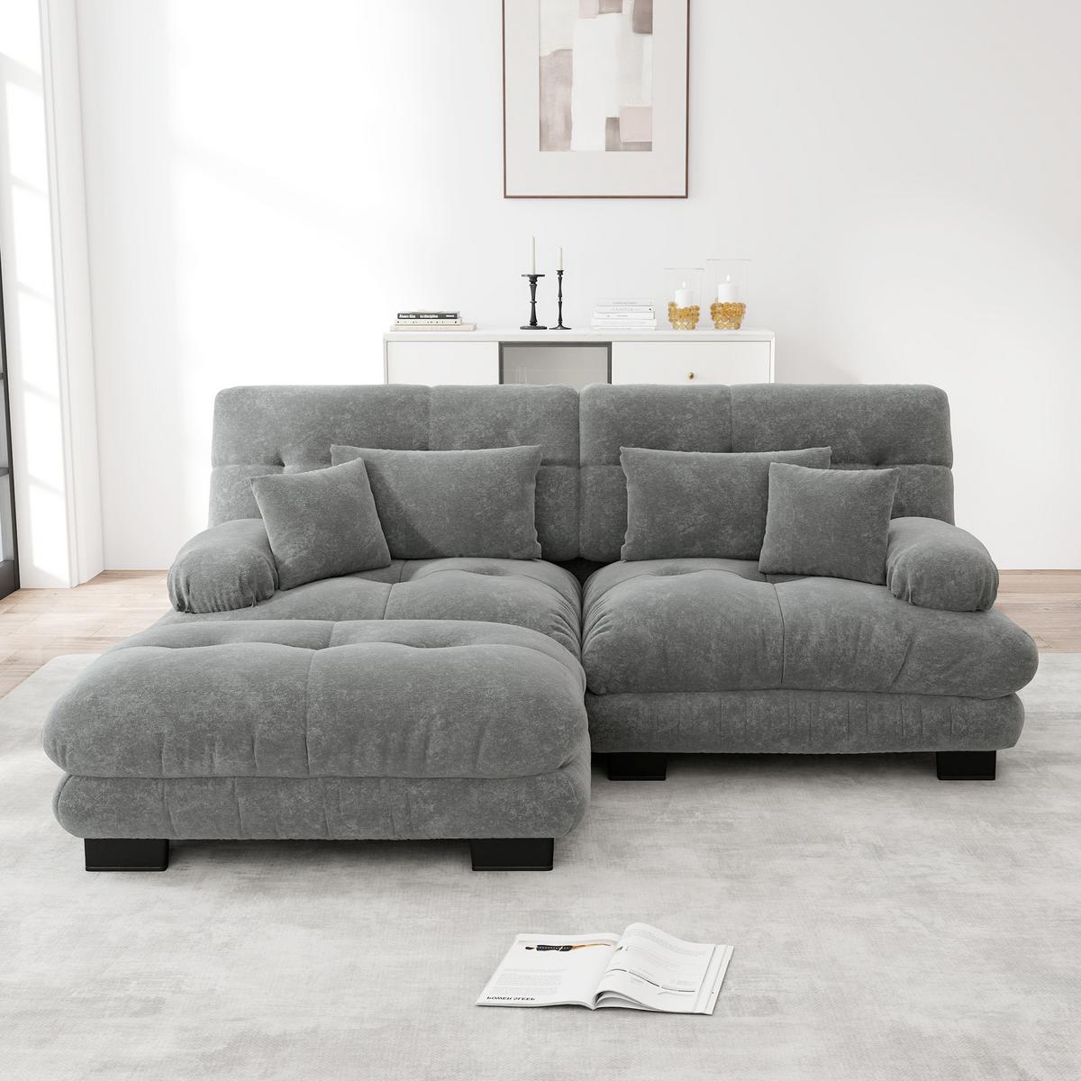 ECKSOFA chenille grau mit ottoman & 4 kissen - Grau, Textil (220/145cm) - Urban Meuble
