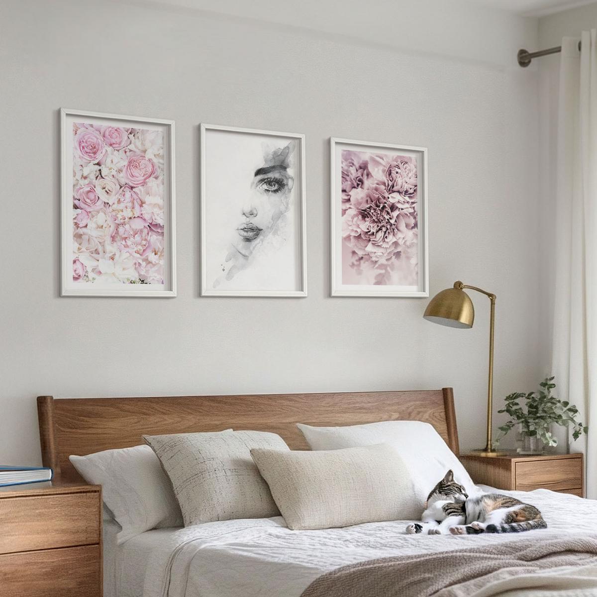 BILDER SET 3er Set - 40x60 cm Weißer Rahmen - Pfingstrosenporträt einer Frau in Schwarzweiß - Weiß, Kunststoff (40/60cm) - TULUP