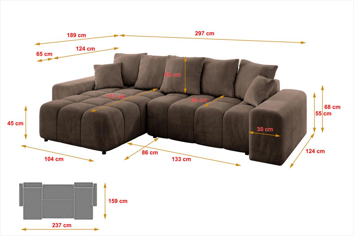 ECKSOFA Ottomane links ENIL-L 297x189x68 Braun Velours - Braun, Holzwerkstoff/Kunststoff (297/189cm) - ALTDECOR