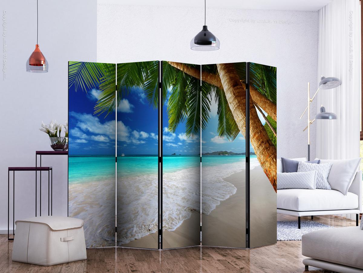 PARAVENT Akustik 5-tlg 225x172 cm Tropische Insel Palmen 3D - Multicolor, Holz/Textil (225/172/3cm) - Muralo