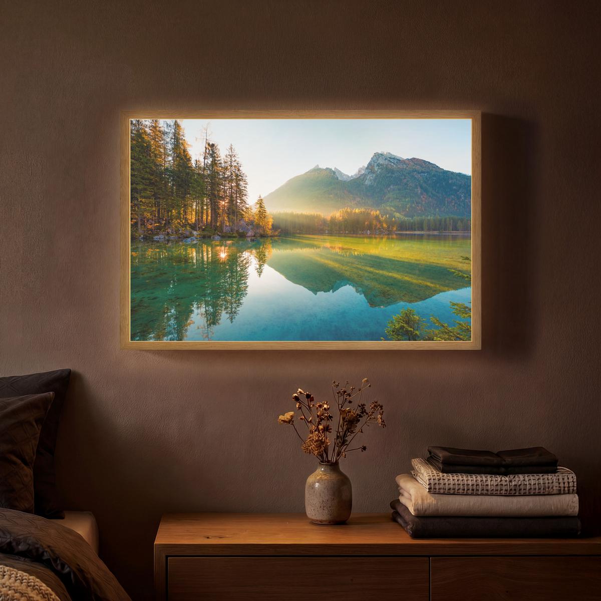 WANDLEUCHTE MIT AKKU See - Wald - Berge - Natur - Sonne - Landschaft 60x40 cm - Grün, Holzwerkstoff (60/40/8cm) - OnlyWow