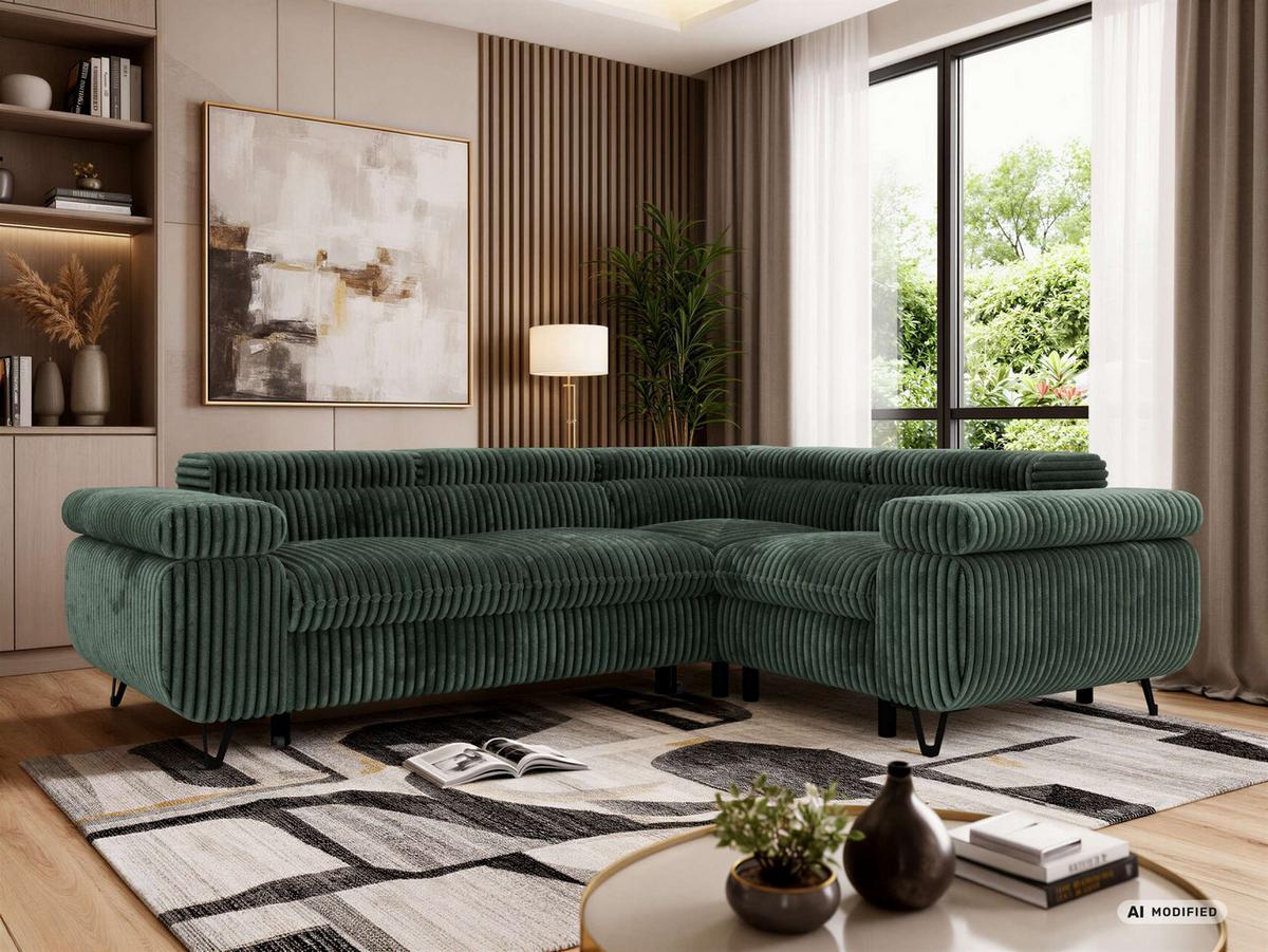 ECKSOFA FALCO L - Dunkelgrün Cord - Rechts Seite - Dunkelgrün/Schwarz, Textil/Metall (268/197cm) - MKS