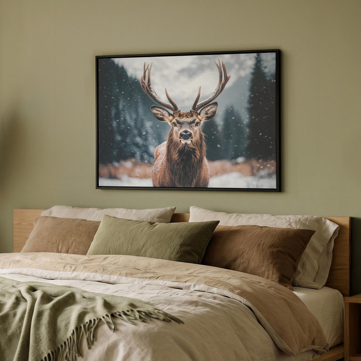LEINWAND Bilder mit Rahmen - Hirsche - Tiere - Landschaft - Winter - Schnee - 70x50 - Kastanienfarben, Textil (70/50cm) - MuchoWow
