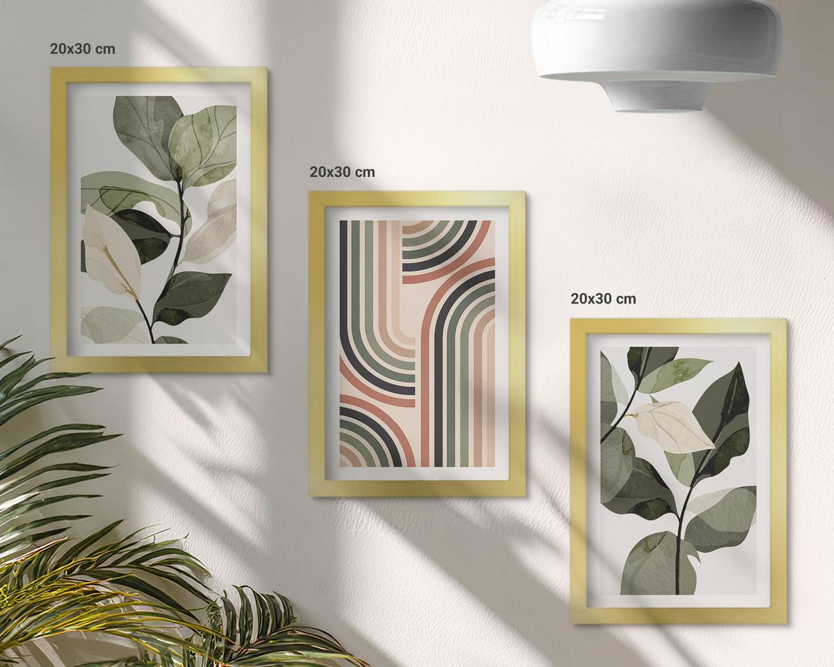 BILDER SET 3er Set - 20x30 cm Goldrahmen - Geometrische Pflanzenmotive - Goldfarben, Kunststoff (20/30cm) - TULUP