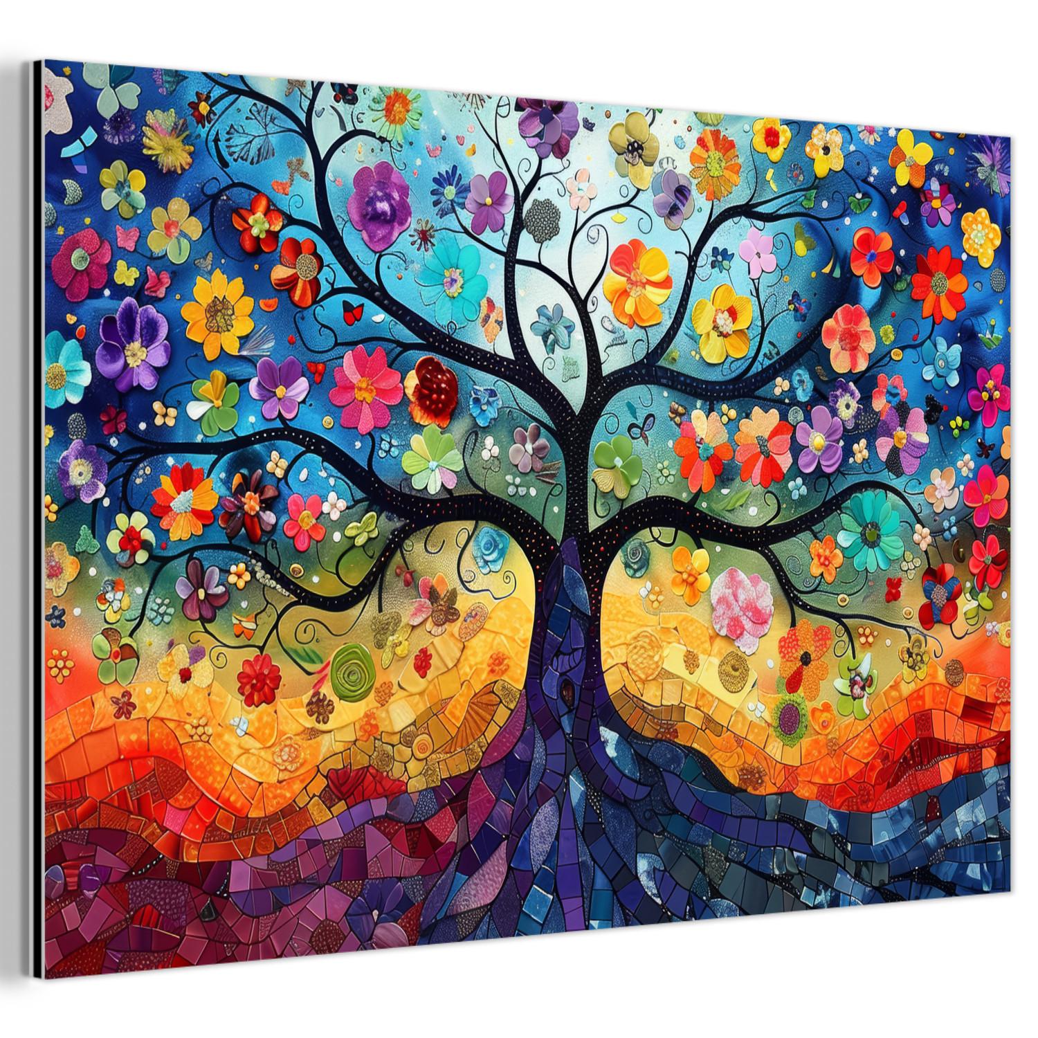 METALLBILD Kunst - Baum des Lebens - Blumen - Hippie Deko Groß 120x80 cm - Dunkelblau, Metall (120/80cm) - MuchoWow