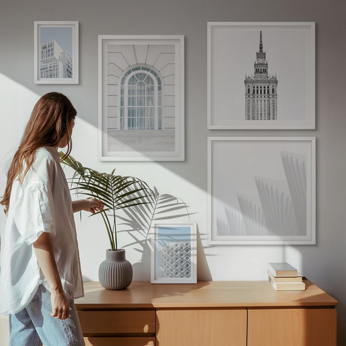 BILDER SET 5er Set - 50x50 cm & 20x30 cm & 40x60 cm Weißer Rahmen - Moderne Architekturgeometrie - Weiß, Kunststoff (40/60cm) - TULUP