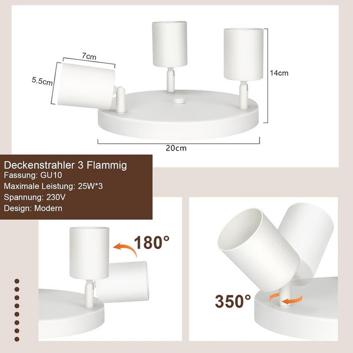 DECKENSTRAHLER Freiheit 3-flammig 24/24/14 cm - Weiß, Metall (24/24/14cm) - Nettlife
