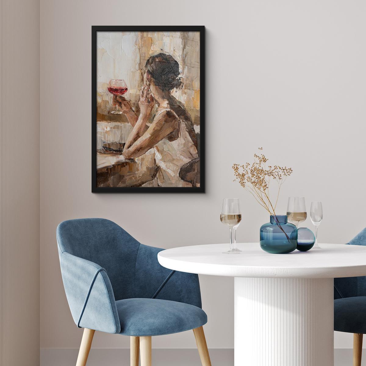 POSTER MIT RAHMENGERAHMTES BILD Ölgemälde - Frau - Wein Bilder mit Rahmen 40x60 cm - Hellbraun, Papier (40/60cm) - MuchoWow