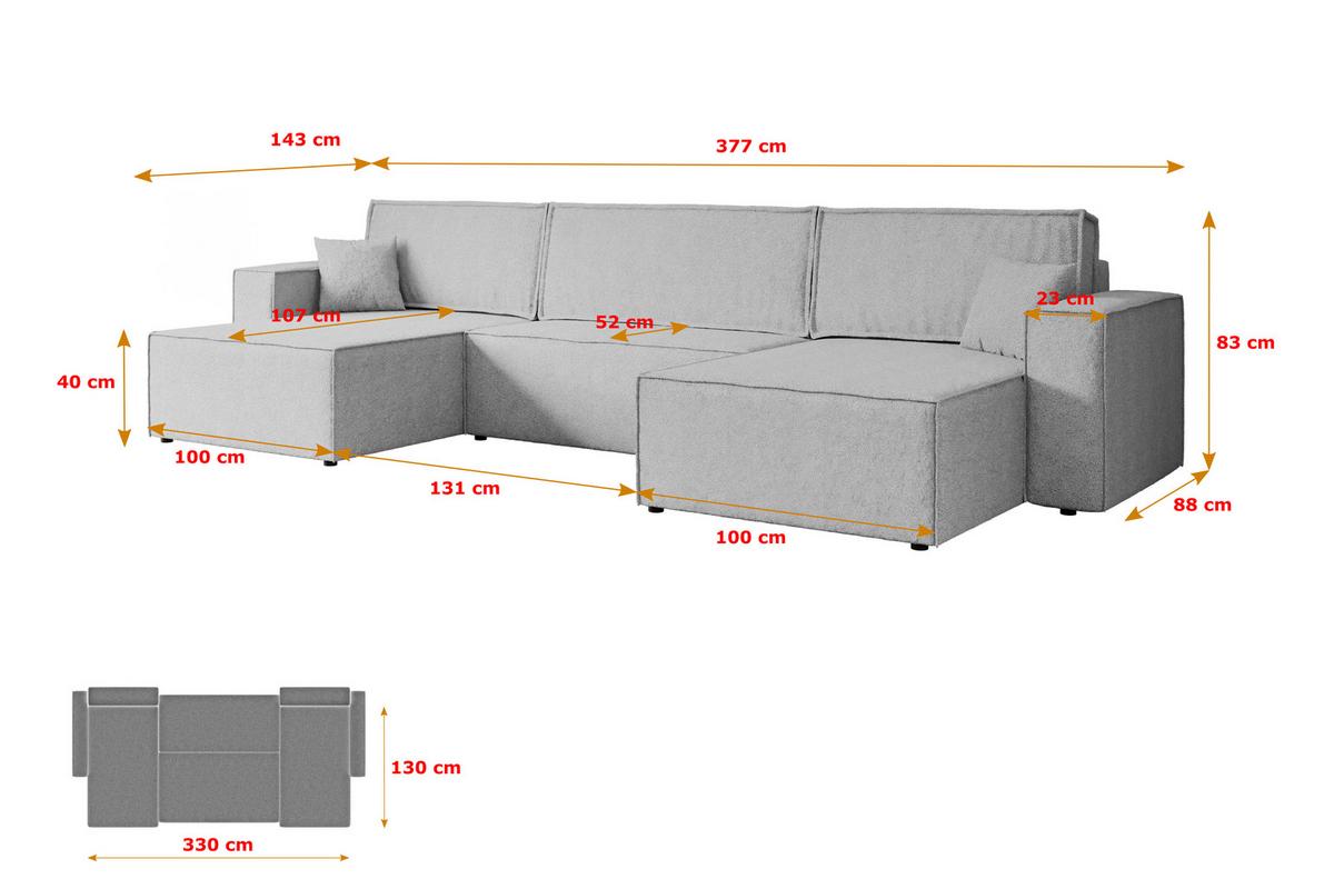 WOHNLANDSCHAFT mit Schlaffunktion und Bettkasten CELTIC-XLU - 377x143x83 cm Hellgrau Bouclé - Hellgrau/Schwarz, Holzwerkstoff/Kunststoff (377/83/143cm) - ALTDECOR