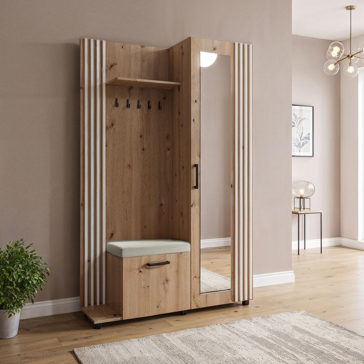 GARDEROBE Linaro mit Spiegel, Sitzbank in Lamellen-Optik 137/207/42 cm, Links - Schwarz/Eiche Artisan, Holzwerkstoff (137/207/42cm) - WFL GROUP