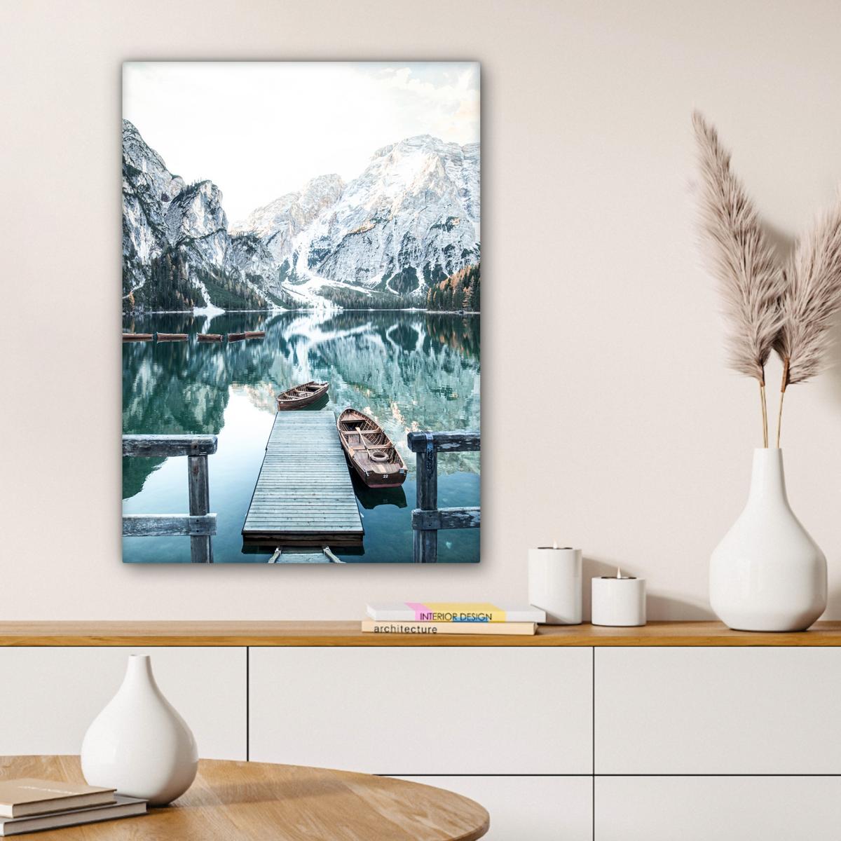 LEINWANDBILD Natur - Berge - Schnee - Wald - Boot Wandbild Wohnzimmer 60x80 cm - Hellgrün, Textil (60/80cm) - MuchoWow