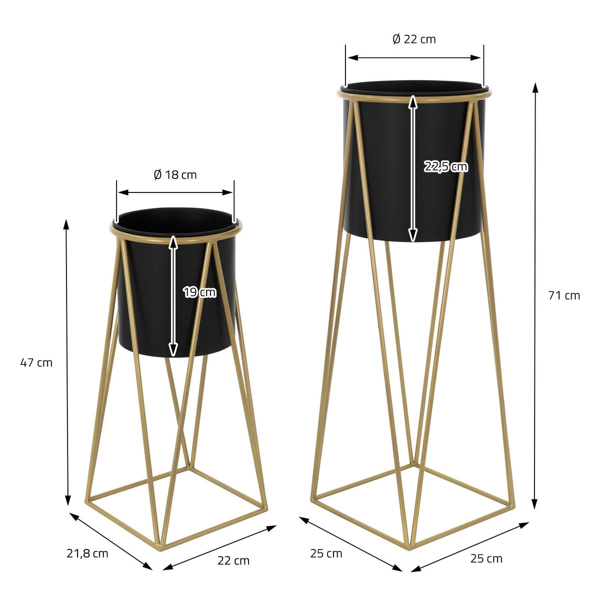 BLUMENSTÄNDER 2er Set Schwarz-Gold 21,8x22x47cm/25x25x71cm aus Stahl - Goldfarben/Schwarz, Metall (25/25/71cm) - ML-DESIGN
