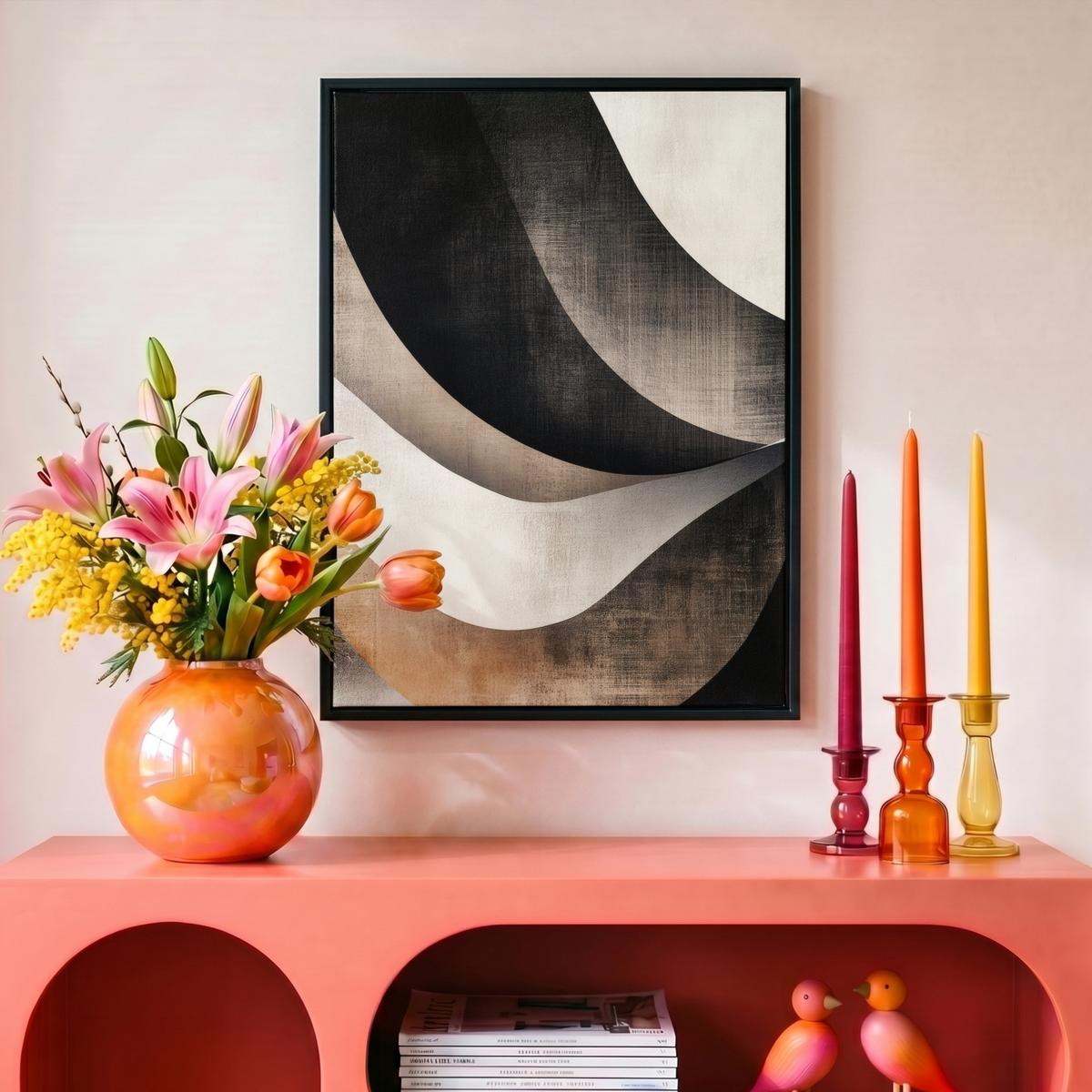 LEINWAND Bilder mit Rahmen - Abstrakt - Wellen - Schwarz - Verwittert - 30x40 - Trüffeleichefarben, Textil (30/40cm) - MuchoWow