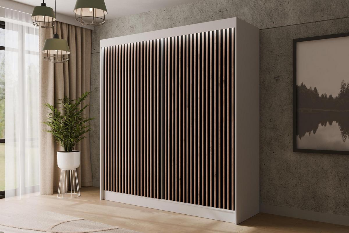 KLEIDERSCHRANK mit LED, Lamel-Schiebetüren VILANv2 - 200 cm Weiß + Lamelle Eiche Wotan - Eiche Wotan/Weiß, Holzwerkstoff (200/215/61cm) - ALTDECOR