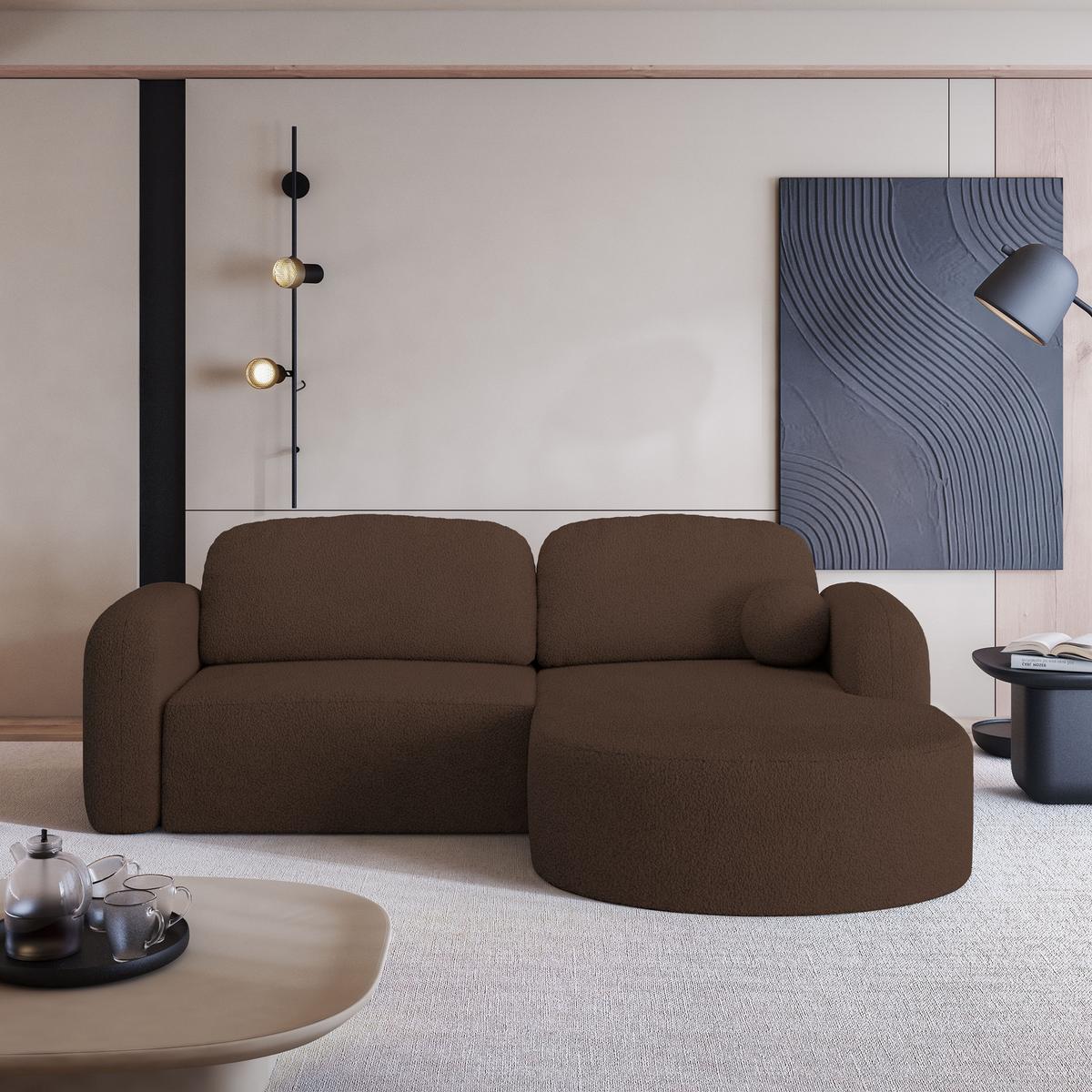 ECKSOFA AMILIA R-S Braun Boucle-Stoff mit Schlaffunktion - Braun, Holz (263/174cm) - MASSENO