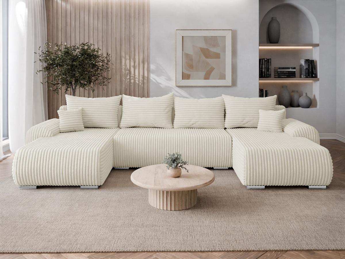 WOHNLANDSCHAFT Ubo U Cord - Silberfarben/Creme, Holz/Kunststoff (366/81/187cm) - MIRJAN24