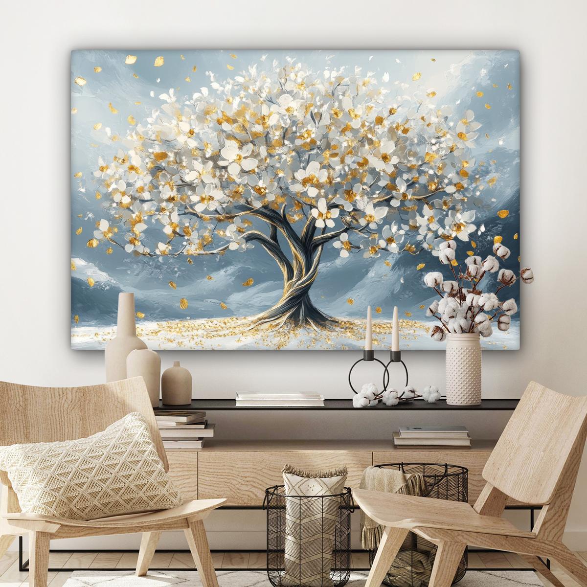 LEINWANDBILD Baum - Winter - Baum des Lebens - Modern - Gold XXL 150x100 cm - Goldfarben, Textil (150/100cm) - MuchoWow