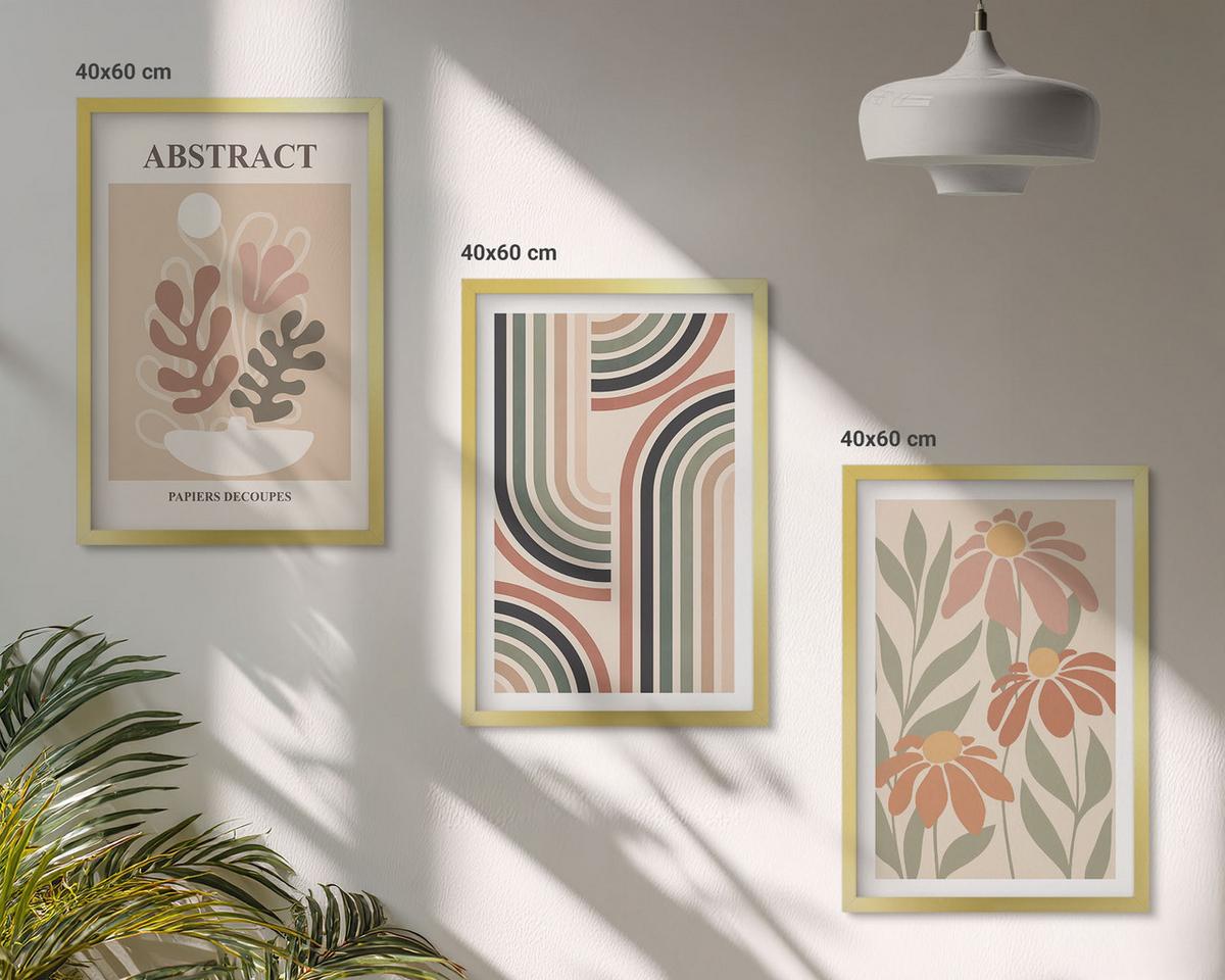 BILDER SET 3er Set - 40x60 cm Goldrahmen - Abstrakte Pflanzen in Pastellfarben - Goldfarben, Kunststoff (40/60cm) - TULUP