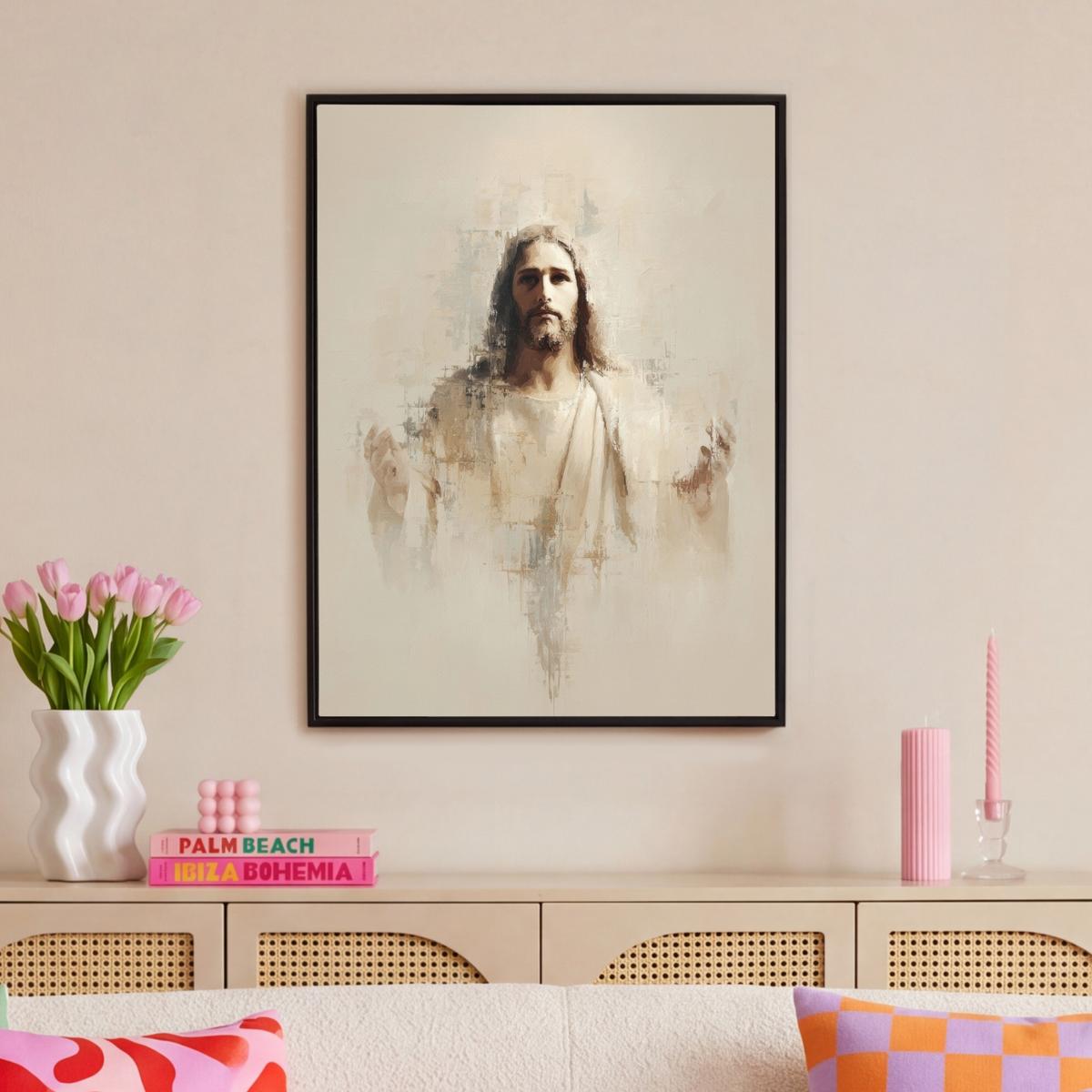 LEINWAND Bilder mit Rahmen - Porträt - Abstrakt - Jesus - Beige - 70x100 - Beige, Textil (70/100cm) - MuchoWow