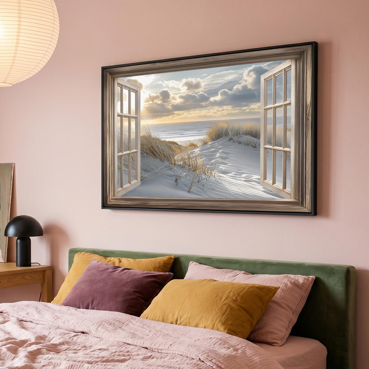 LEINWAND Bilder mit Rahmen - Ausblick - Strand - Dünen - Meer - Natur - 140x90 - Sandfarben, Textil (140/90cm) - MuchoWow