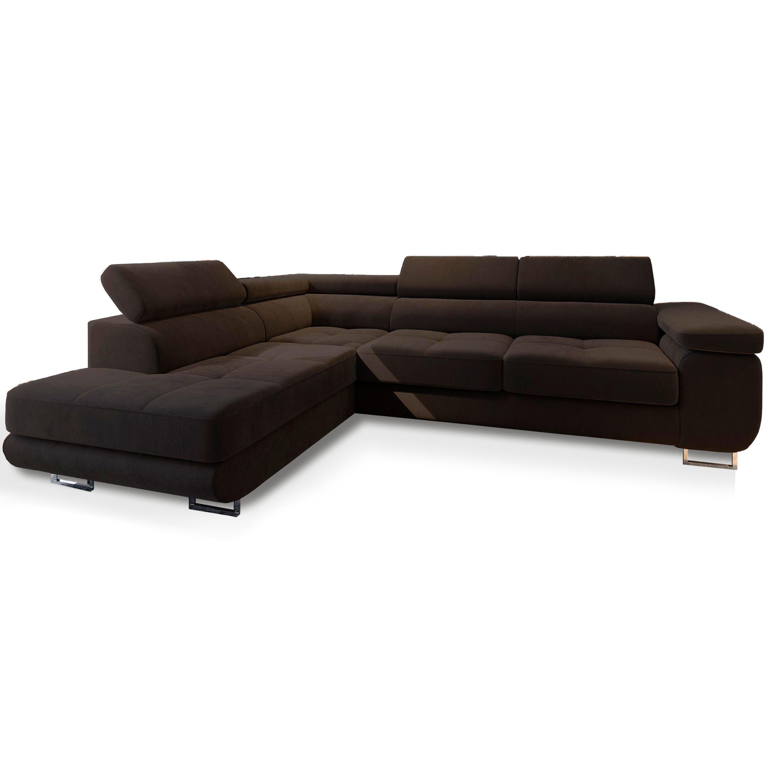 ECKSOFA SELVA L-S Braun Velours-Stoff mit Schlaffunktion - Silberfarben/Braun, Holz/Holzwerkstoff (275/202cm) - MASSENO