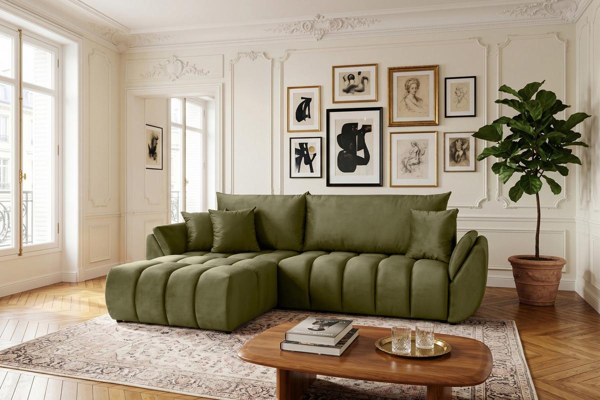 ECKSOFA Iris mit Schlaffunktion und Bettkasten, links oder rechts montierbar – Olivgrün Samt 280/184/85 cm - Schwarz/Olivgrün, Kunststoff/Textil (280/184cm) - WFL GROUP