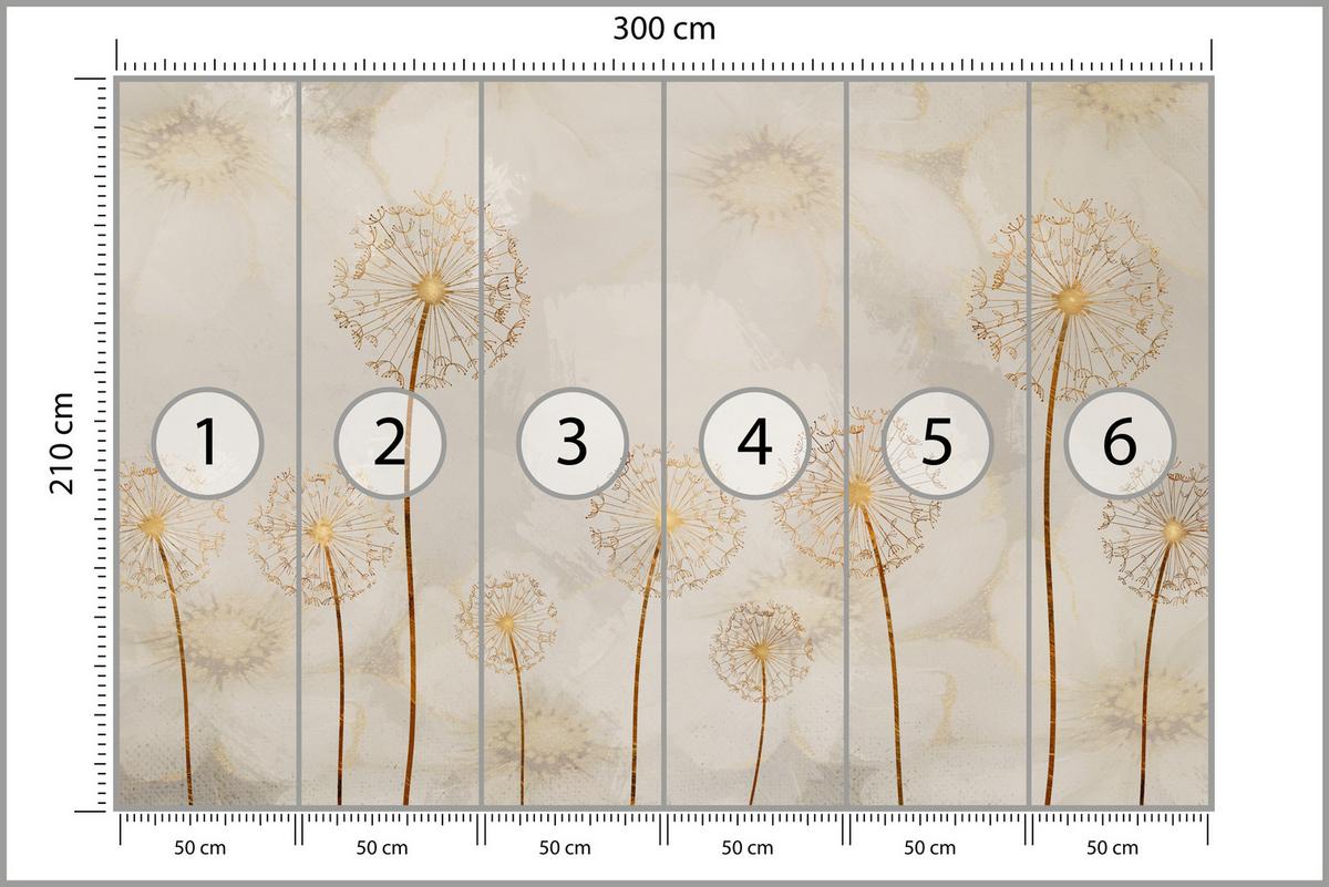 FOTOTAPETE für Schlafzimmer Goldene Löwenzahn Aquarell Blumen 300x210 - Gelb/Beige, Papier (300/210cm) - Muralo