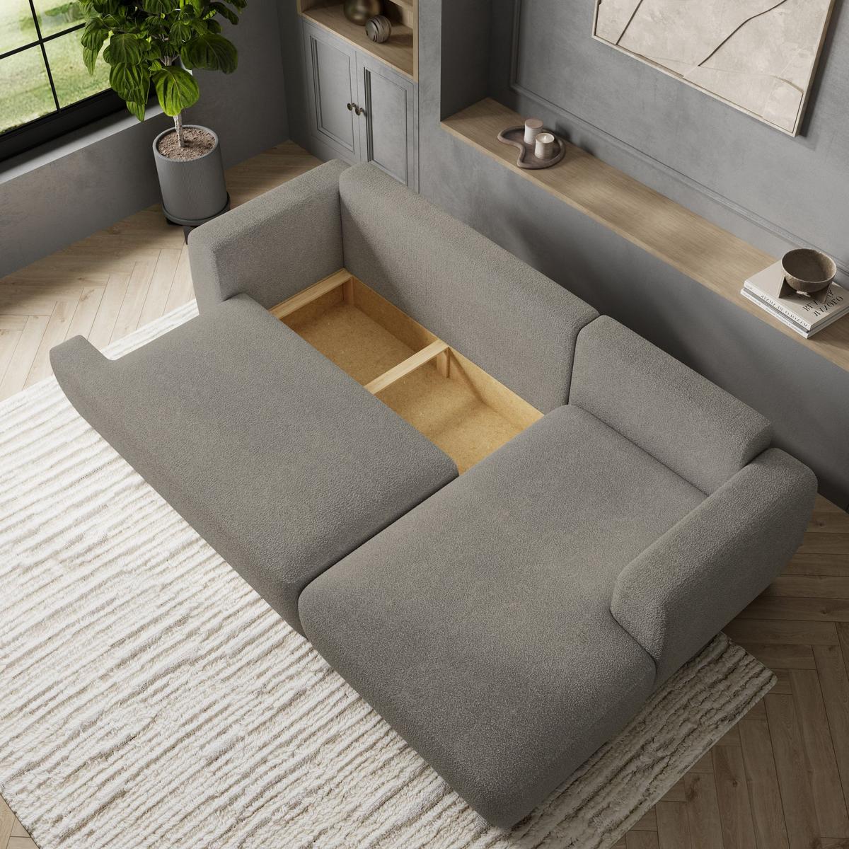 ECKSOFA SENTI N R-S Hellgrau Boucle-Stoff mit Schlaffunktion - Hellgrau/Schwarz, Holz/Kunststoff (246/148cm) - MASSENO