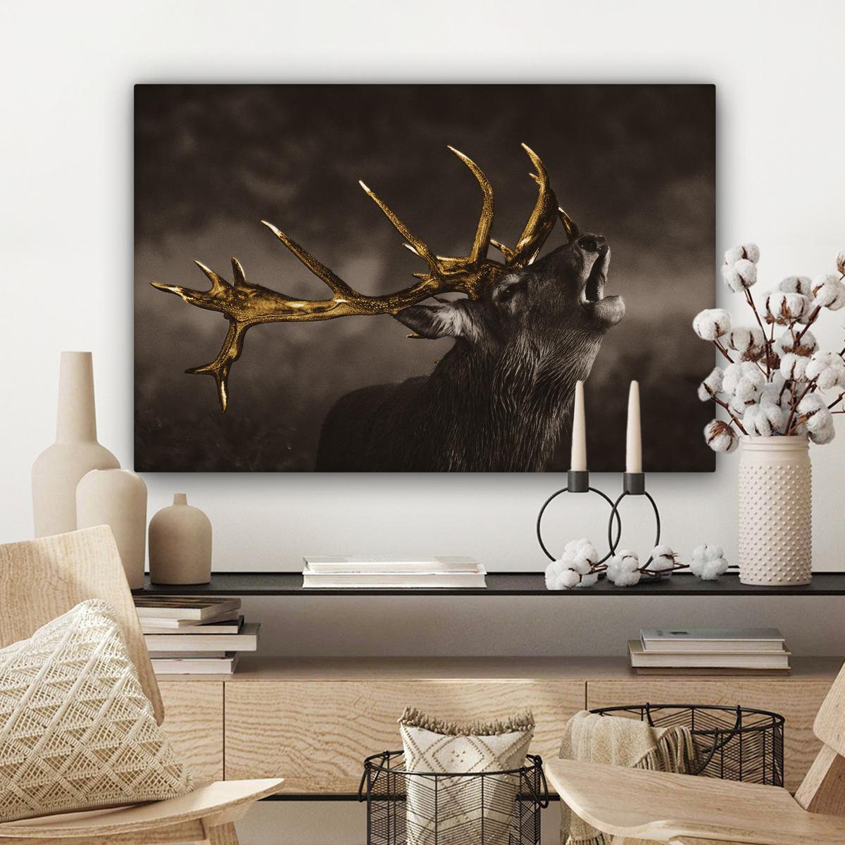 LEINWANDBILD Rotwild - Schwarz - Gold XXL 150x100 cm - Braun, Textil (150/100cm) - MuchoWow